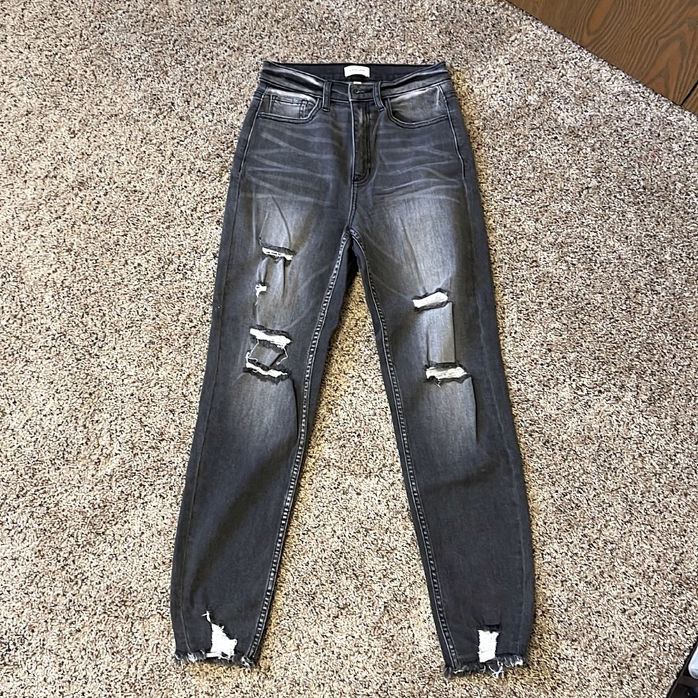 sneak peek high waisted skinny jeans! Black/grey ish with distressed holes!!